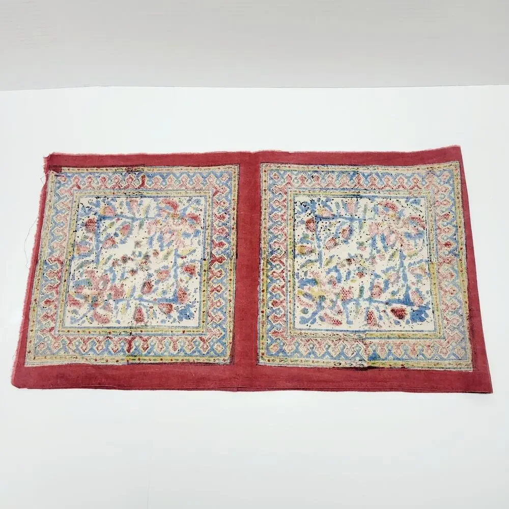 Vintage Turkish Red Maroon Mandala Flower Fabric Panels 4 Connected Turkey Made
